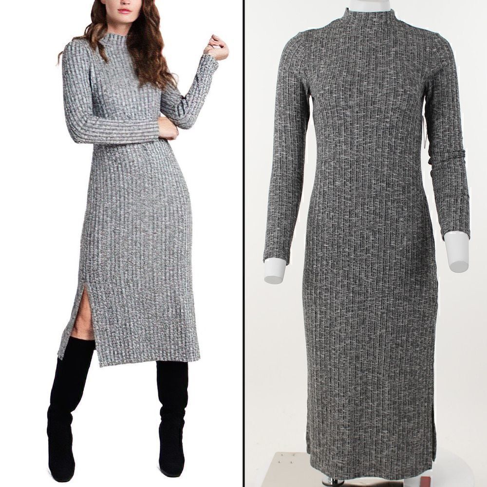 RILEY&RAE Gray Long Sleeve Below the Knee Dress